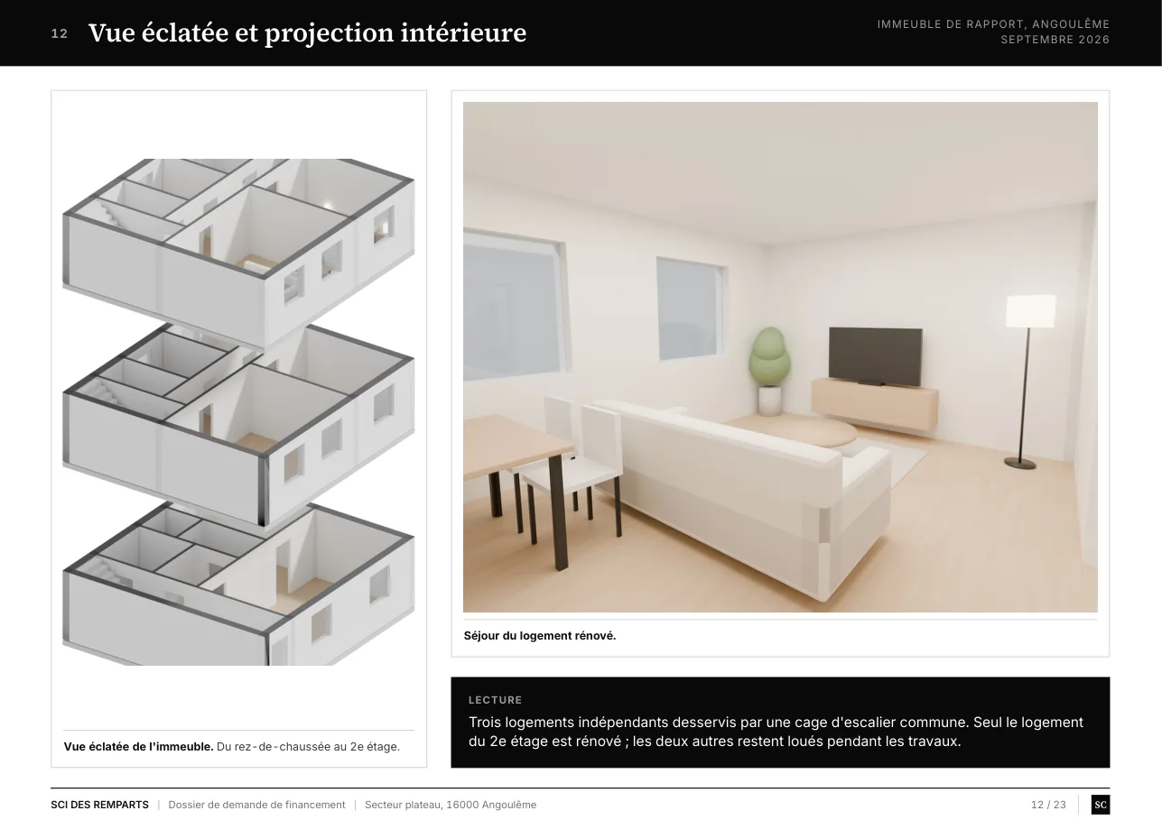 Page de la vue éclatée d'un immeuble de trois logements et d'une projection intérieure
