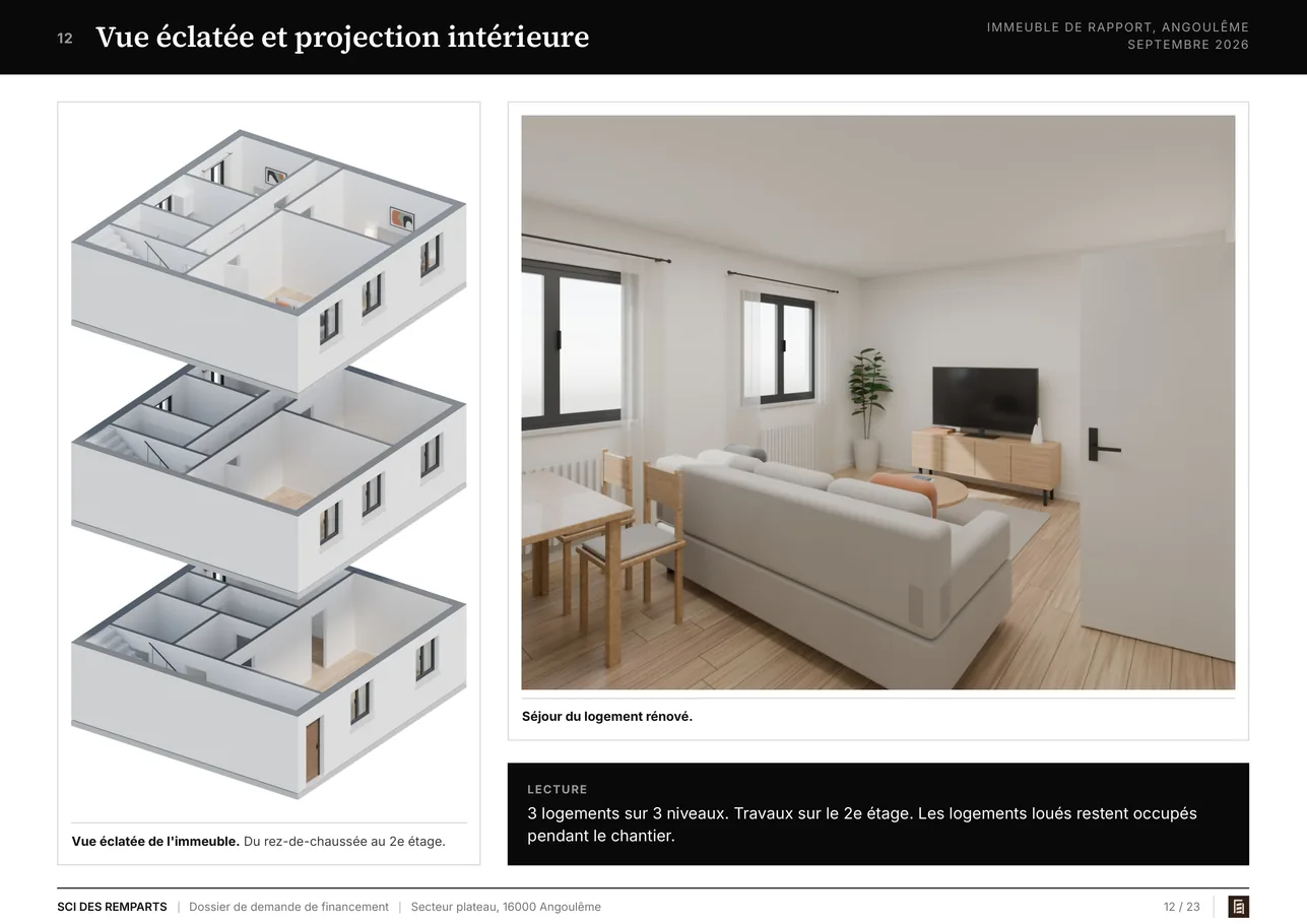 Page de la vue éclatée d'un immeuble de trois logements et d'une projection intérieure