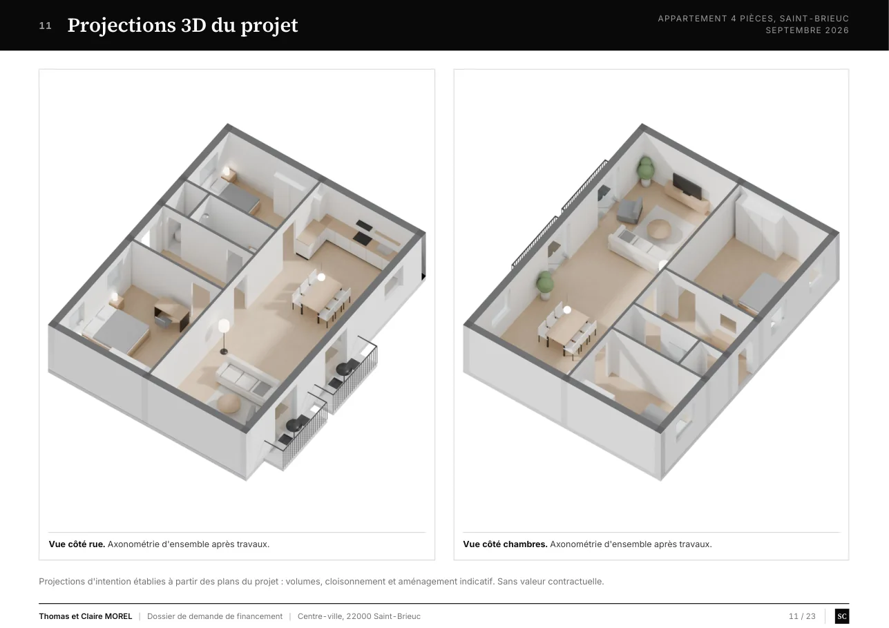 Page des projections 3D du projet, deux axonométries de l'appartement après travaux
