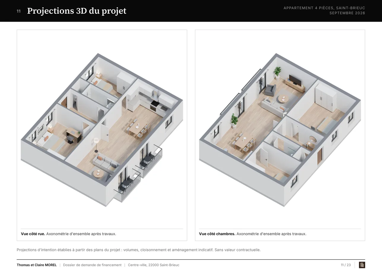 Page des projections 3D du projet, deux axonométries de l'appartement après travaux