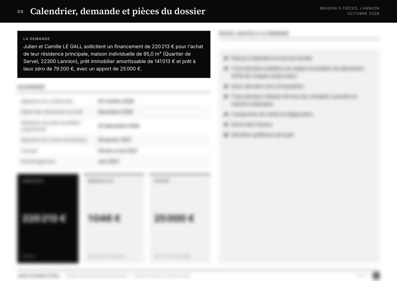 Page 9 du dossier, réservée au dossier livré : Calendrier, demande et pièces du dossier
