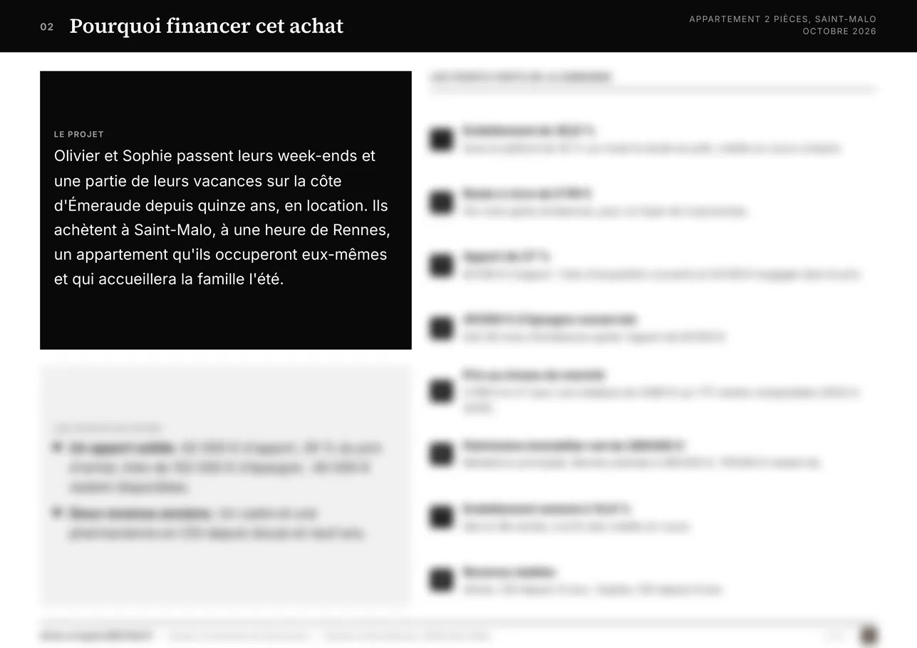 Page 2 du dossier, réservée au dossier livré : Pourquoi financer cet achat