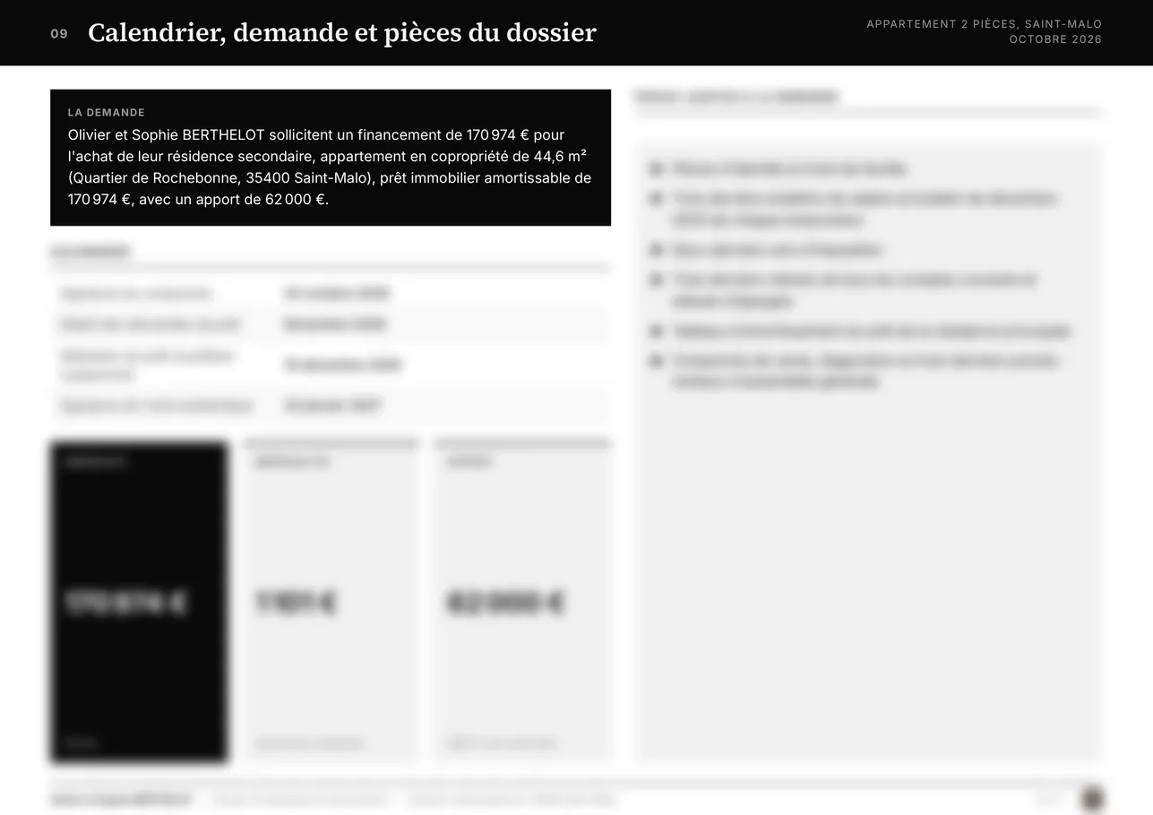 Page 9 du dossier, réservée au dossier livré : Calendrier, demande et pièces du dossier